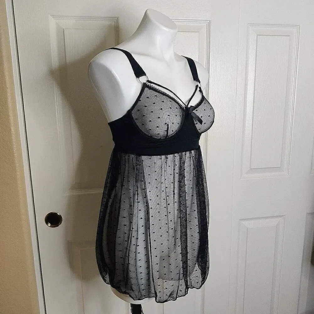 iCollection Roma Swiss Dot Stretch Mesh Babydoll Lingerie sz S